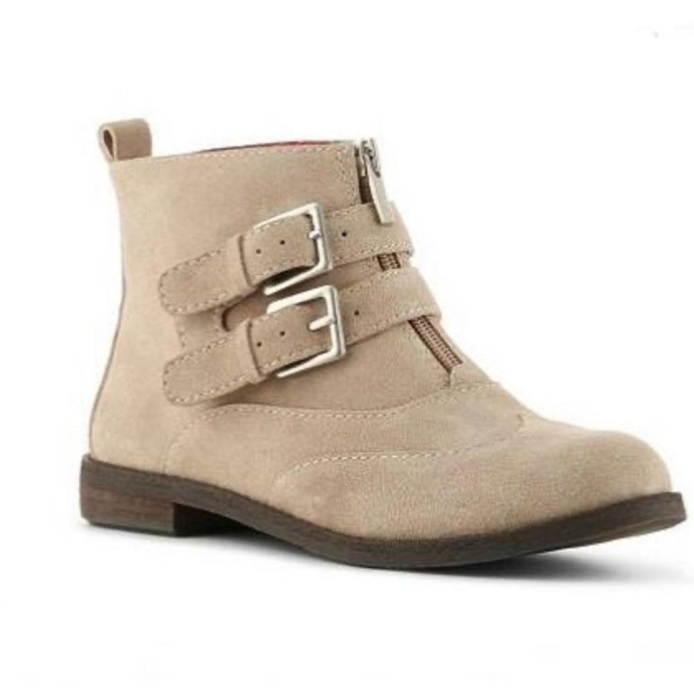 Lucky Brand Doreen Zip & Buckle suede booties chinchilla/tan Size 7.5